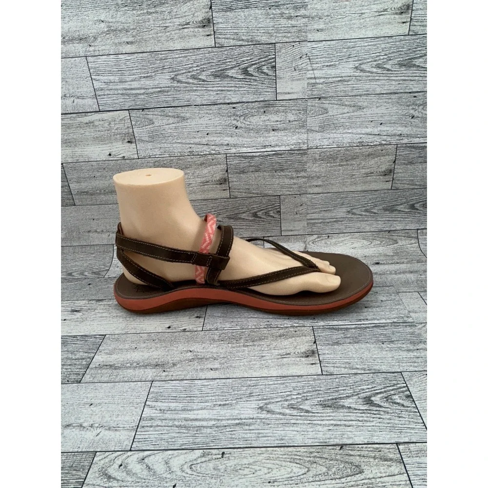 Chaco Women Leather Strappy Thong Sandals Brown Coral Size 10‎ LUVSEAT Footbed
